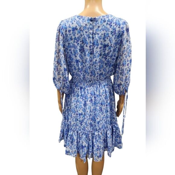 Taylor women's blue white floral smocked waist ruffled preppy mini dress Size 10 - Picture 6 of 11